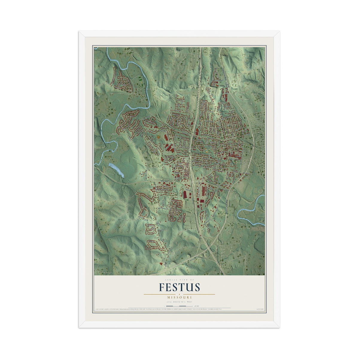 Map of Festus, Missouri, 12 x 18 inch print in a white wood frame