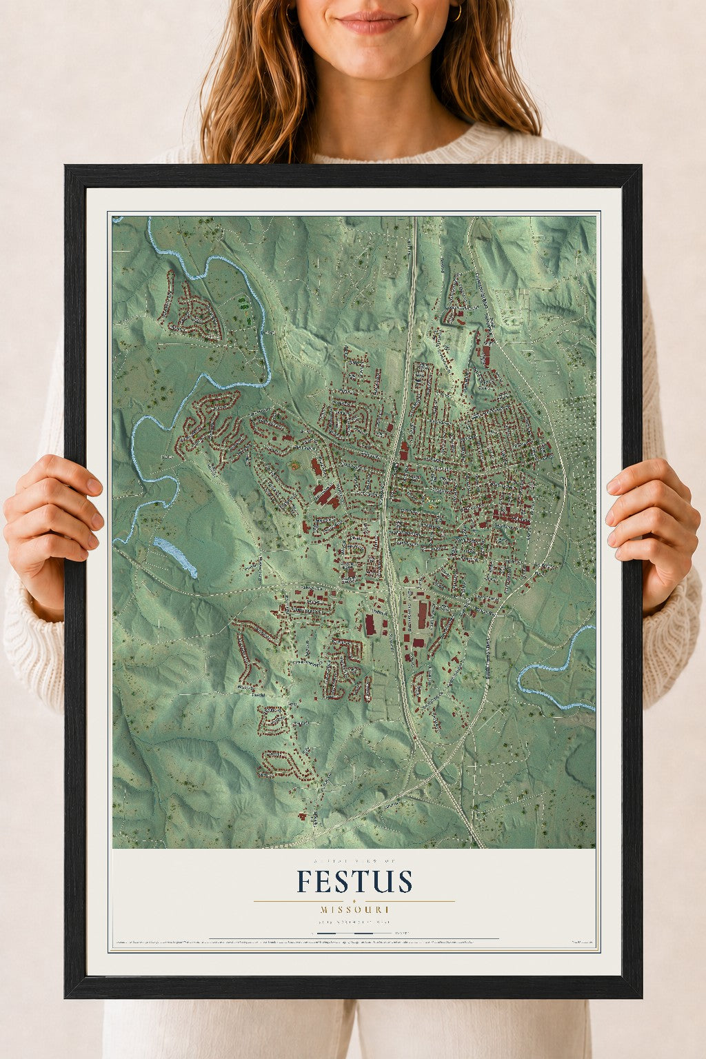 Map of Festus, Missouri, 18 x 24 inch print in a black wood frame