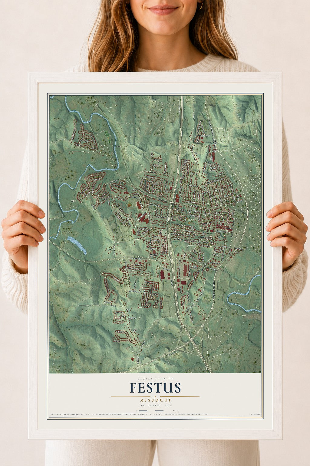 Map of Festus, Missouri, 18 x 24 inch print in a white wood frame
