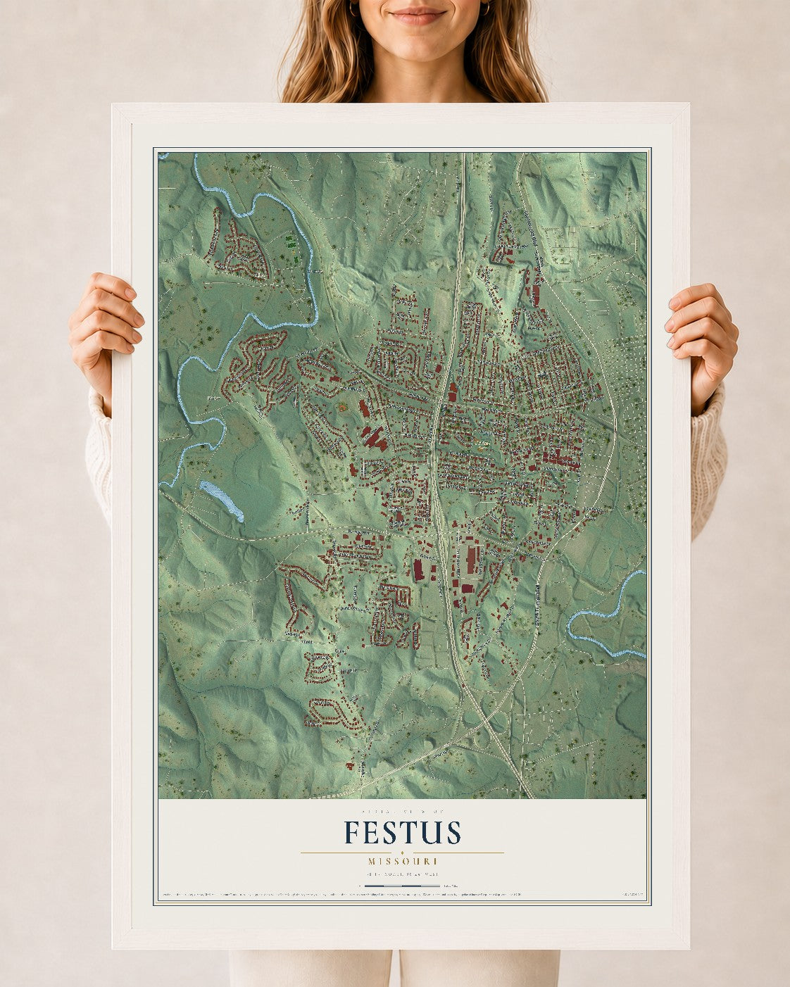 Map of Festus, Missouri, 24 x 36 inch print in a white wood frame