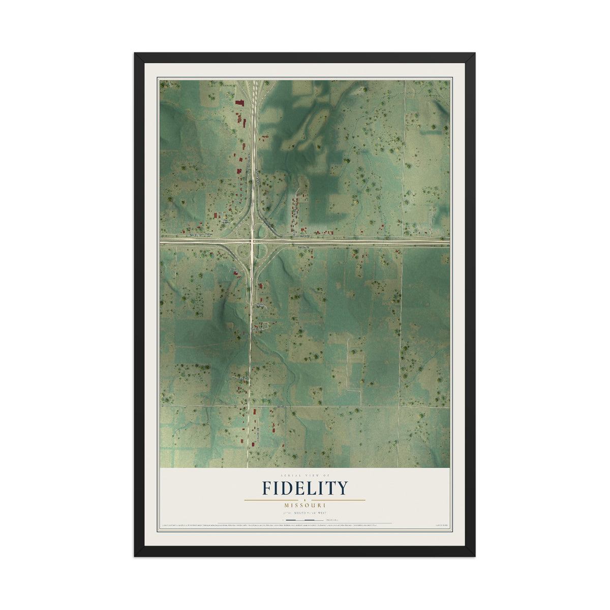 Map of Fidelity, Missouri, 12 x 18 inch print in a black wood frame