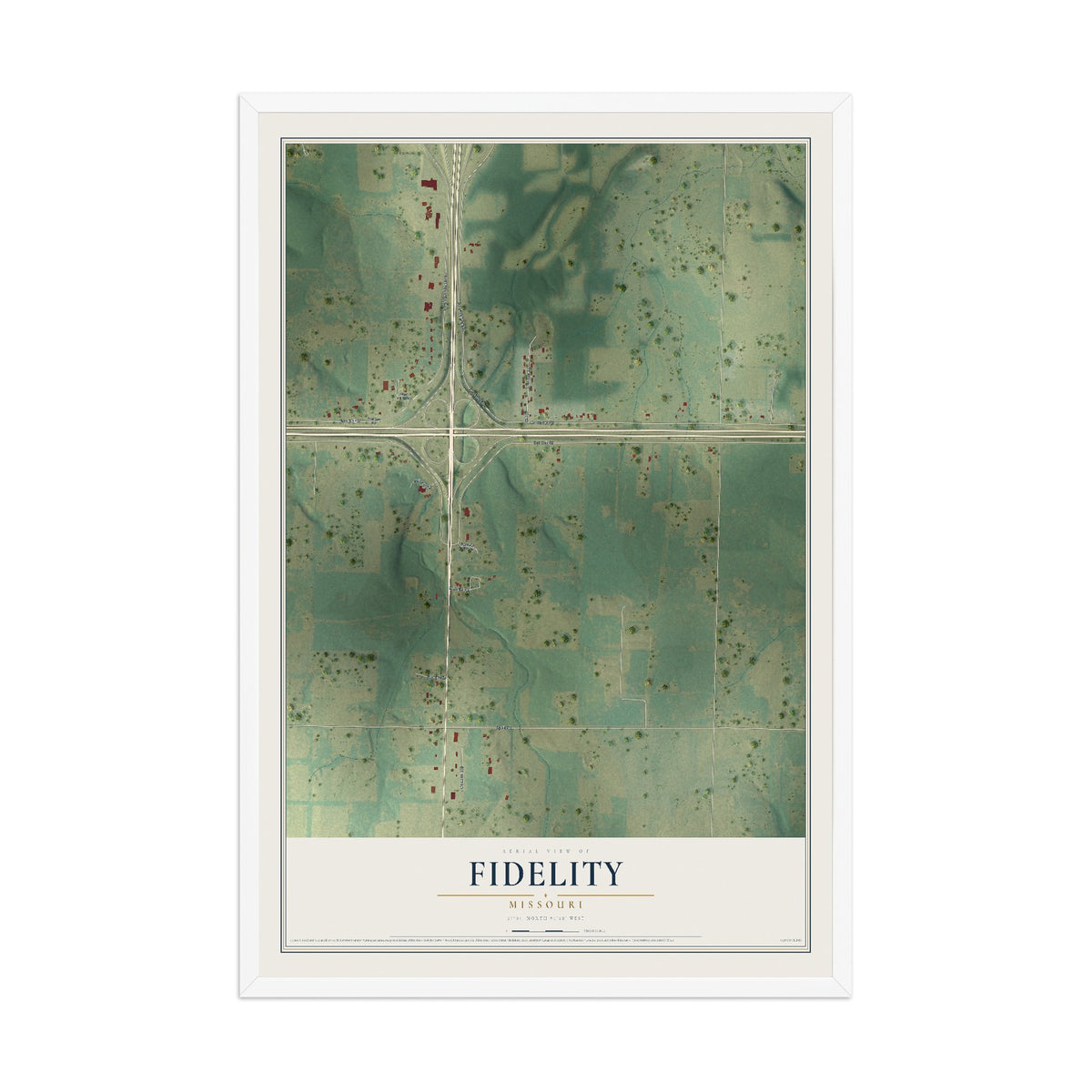 Map of Fidelity, Missouri, 12 x 18 inch print in a white wood frame