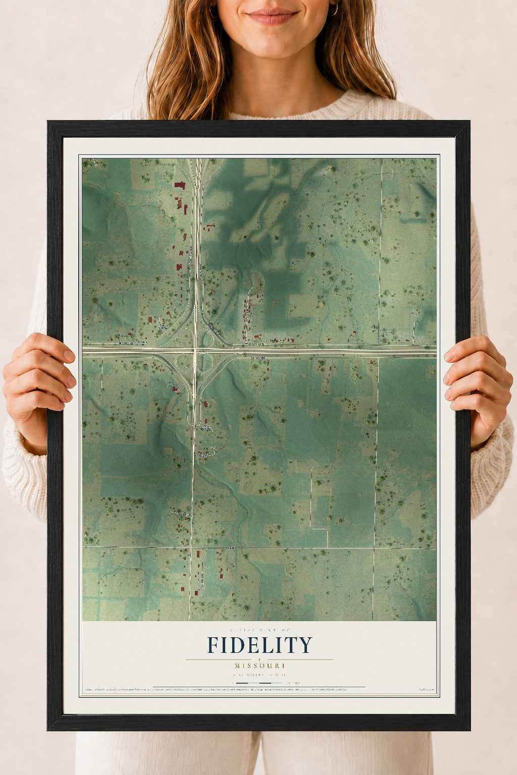 Map of Fidelity, Missouri, 18 x 24 inch print in a black wood frame