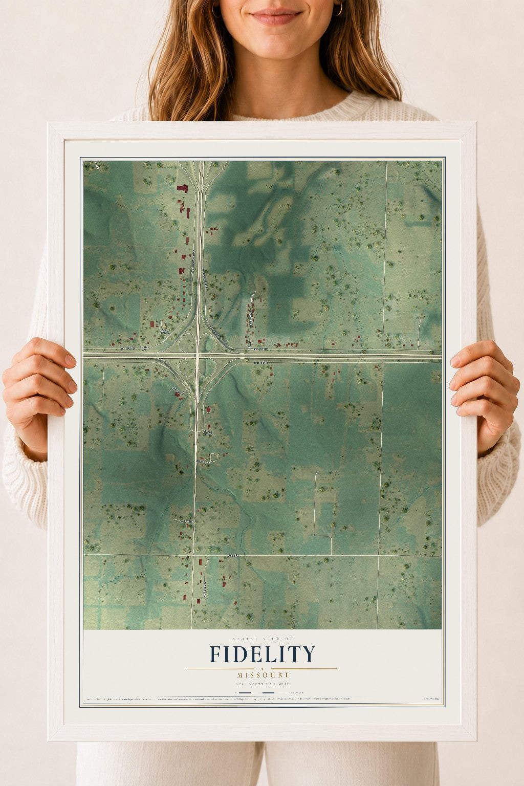 Map of Fidelity, Missouri, 18 x 24 inch print in a white wood frame