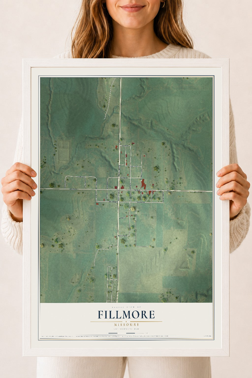 Map of Fillmore, Missouri, 18 x 24 inch print in a white wood frame