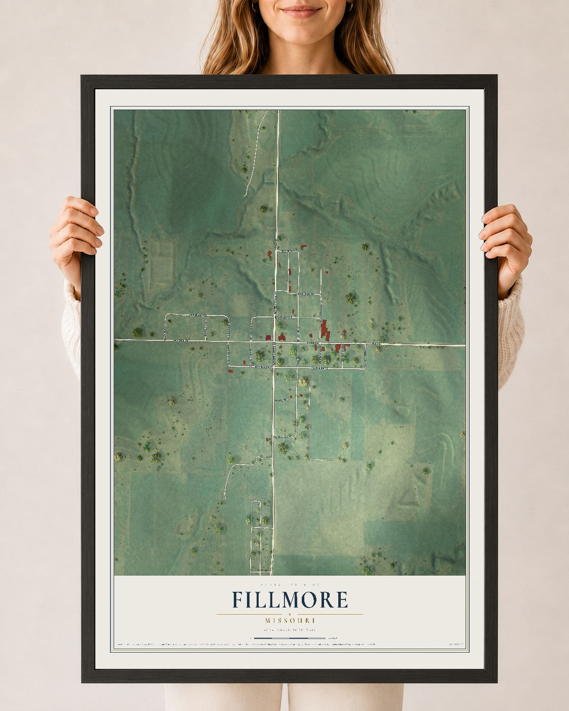 Map of Fillmore, Missouri, 24 x 36 inch print in a black wood frame
