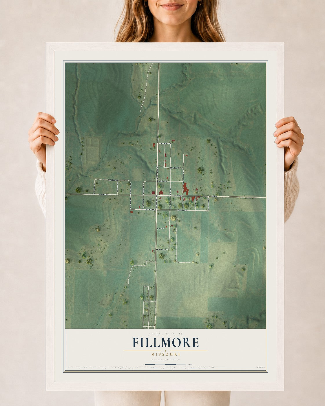 Map of Fillmore, Missouri, 24 x 36 inch print in a white wood frame