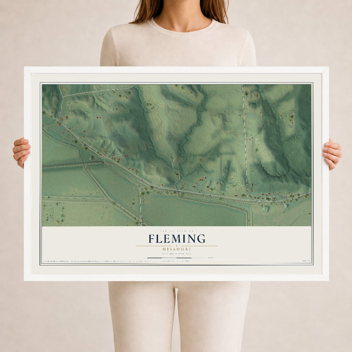 Map of Fleming, Missouri, 24 x 36 inch print in a white wood frame