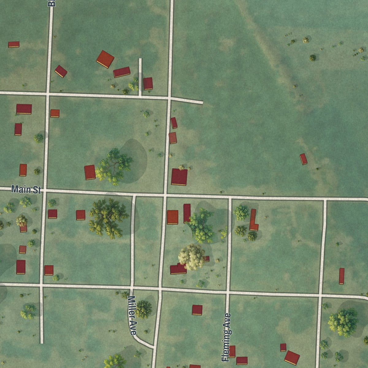 Close-up of the map of Flemington, Missouri print showing street and building detail