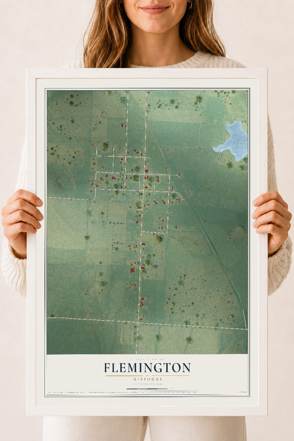 Map of Flemington, Missouri, 18 x 24 inch print in a white wood frame