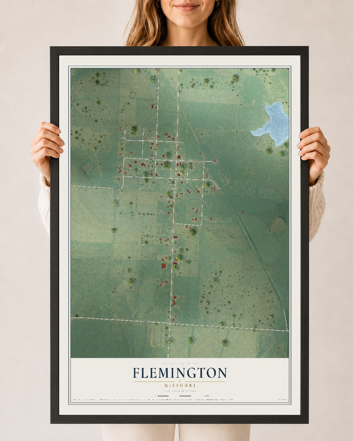 Map of Flemington, Missouri, 24 x 36 inch print in a black wood frame