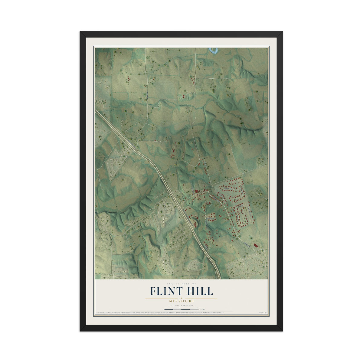 Map of Flint Hill, Missouri, 12 x 18 inch print in a black wood frame