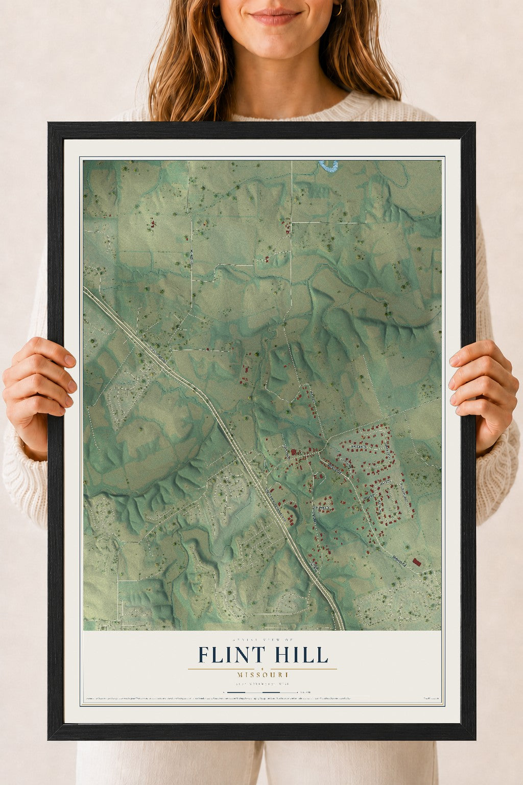 Map of Flint Hill, Missouri, 18 x 24 inch print in a black wood frame
