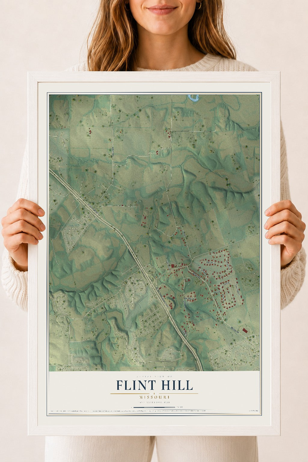 Map of Flint Hill, Missouri, 18 x 24 inch print in a white wood frame
