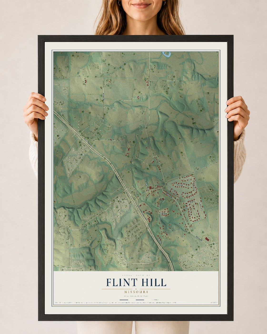 Map of Flint Hill, Missouri, 24 x 36 inch print in a black wood frame