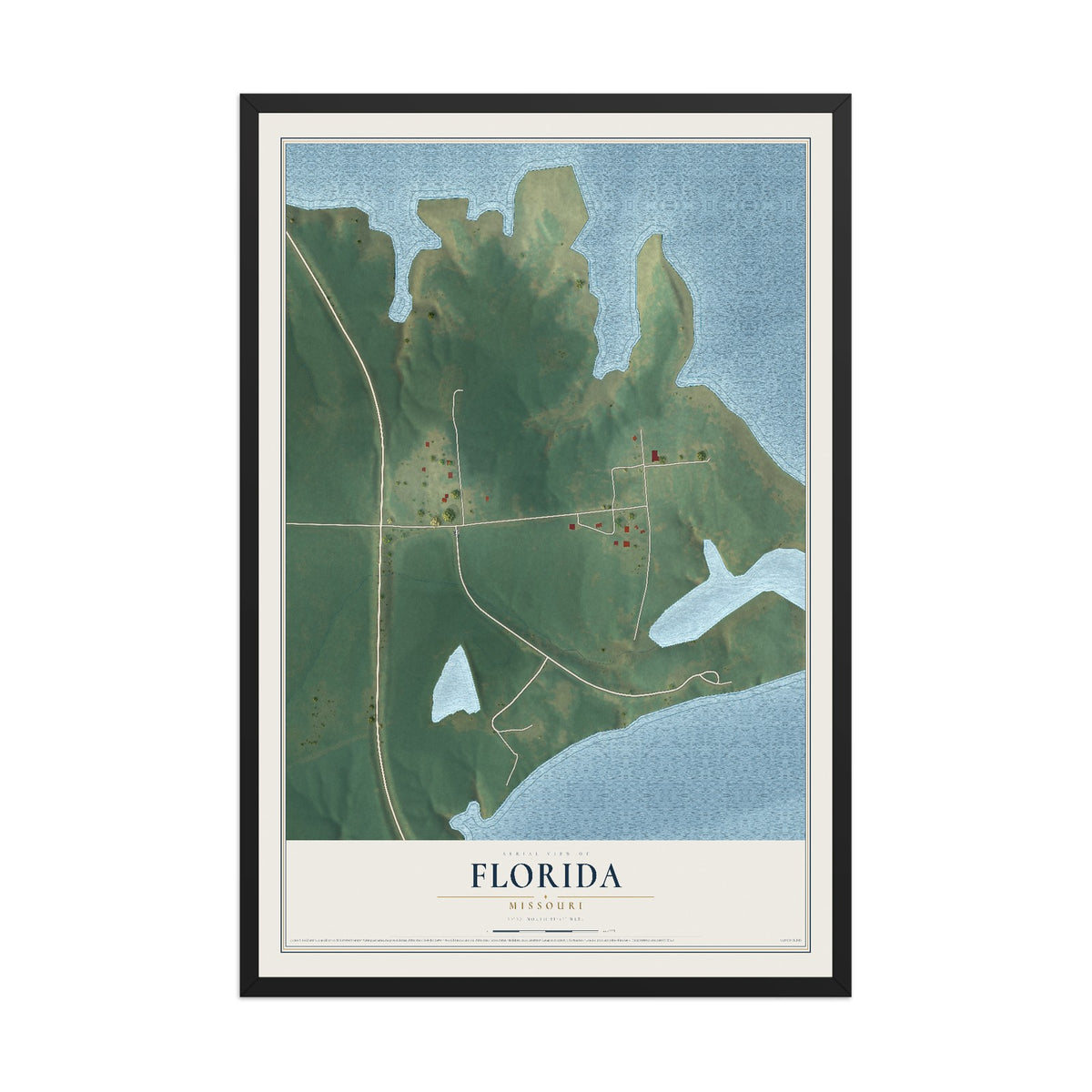 Map of Florida, Missouri, 12 x 18 inch print in a black wood frame