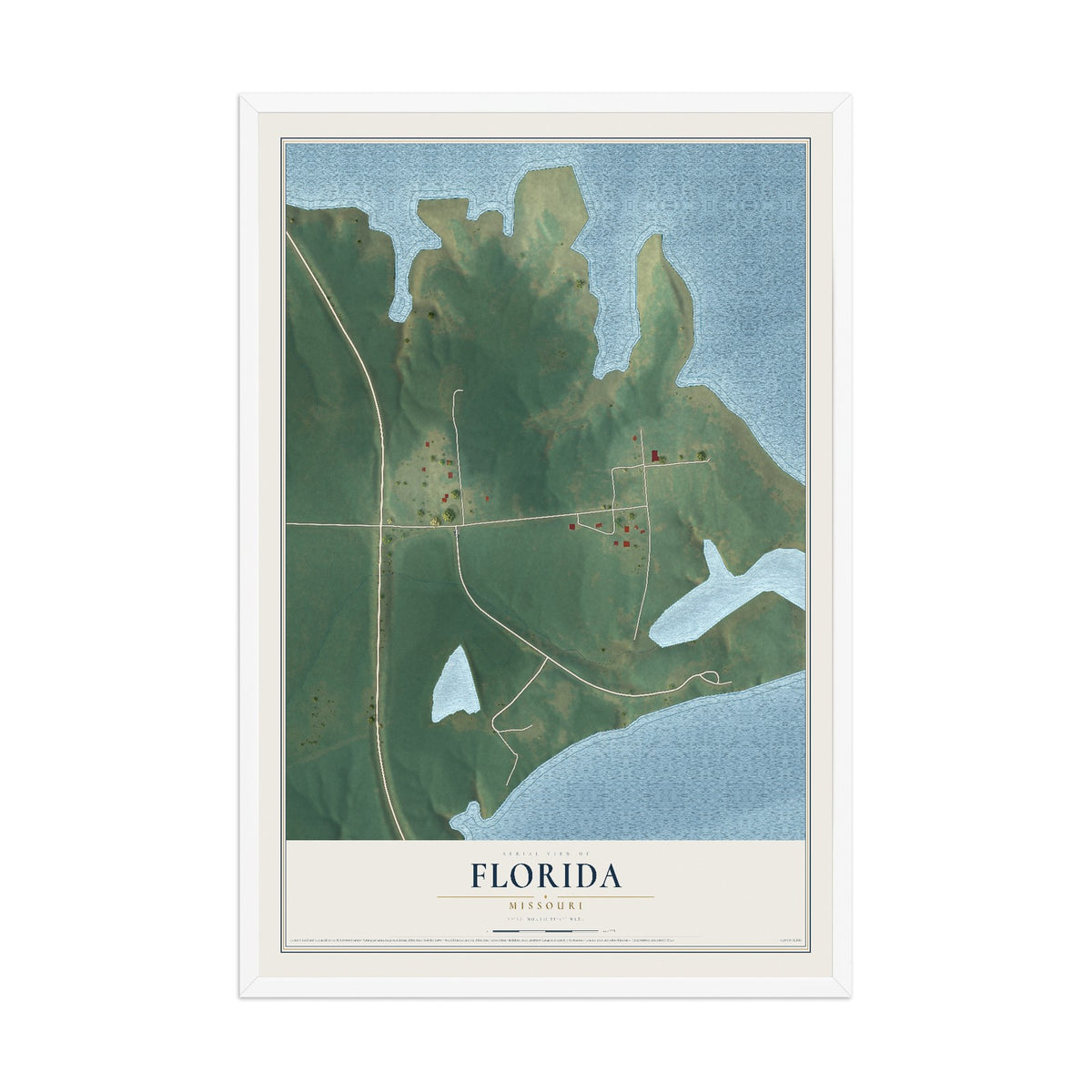 Map of Florida, Missouri, 12 x 18 inch print in a white wood frame