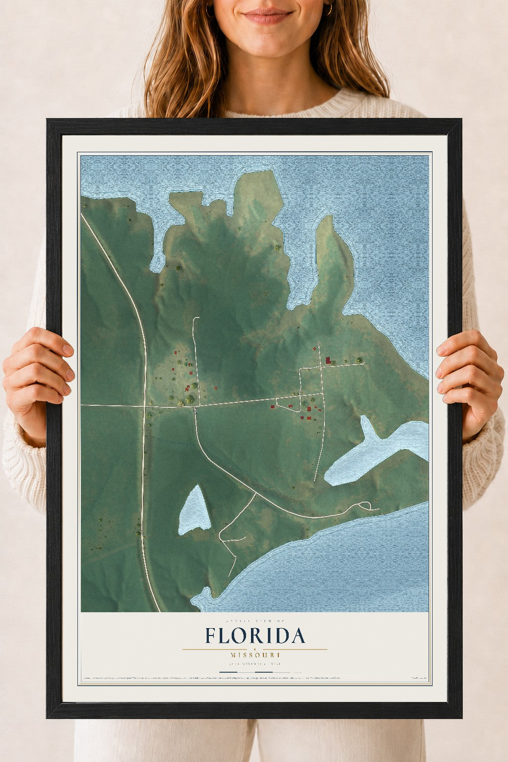 Map of Florida, Missouri, 18 x 24 inch print in a black wood frame