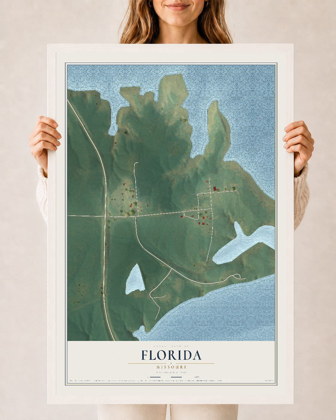 Map of Florida, Missouri, 24 x 36 inch print in a white wood frame