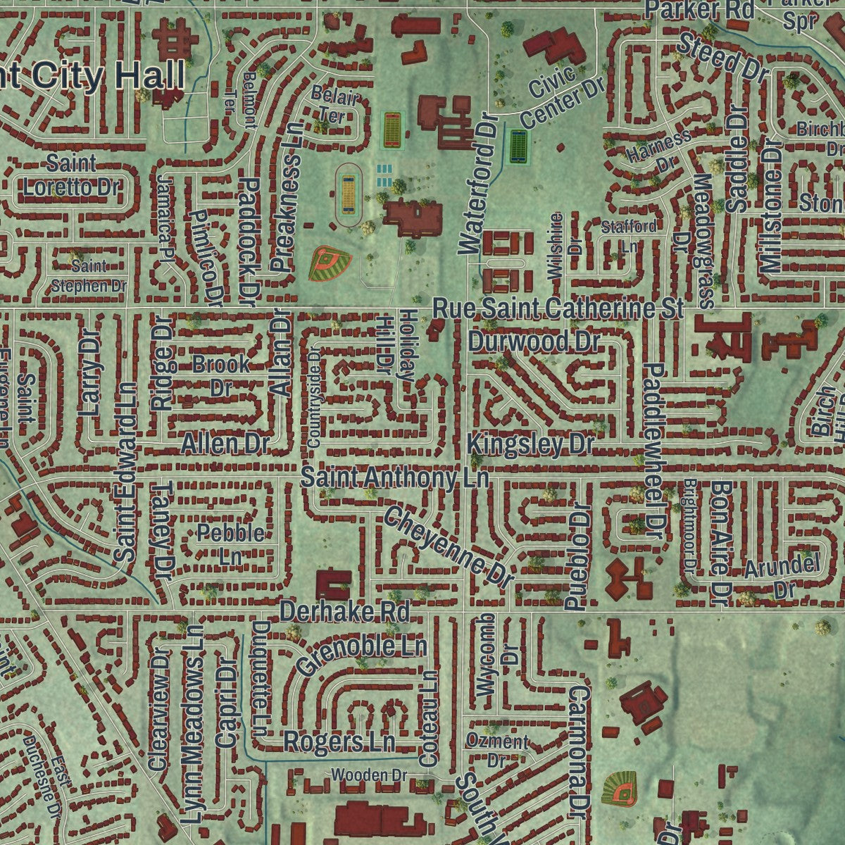 Close-up of the map of Florissant, Missouri print showing street and building detail