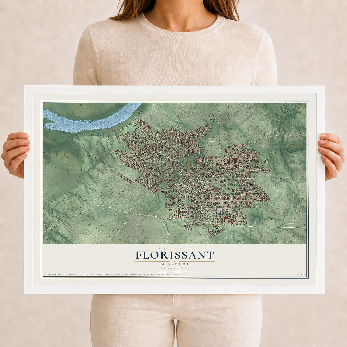 Map of Florissant, Missouri, 12 x 18 inch print in a white wood frame
