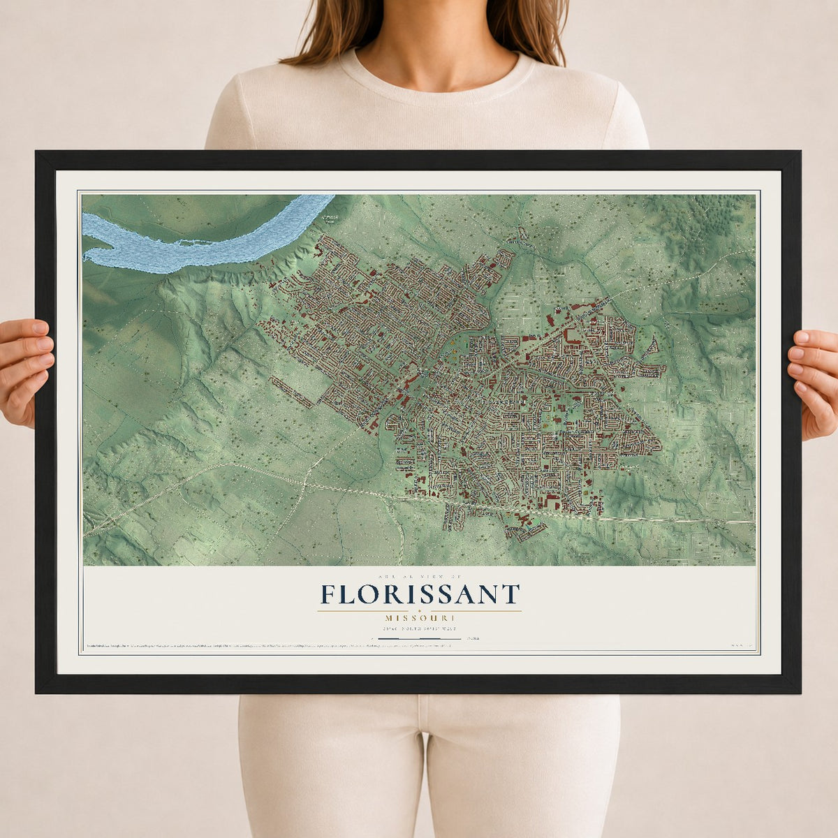 Map of Florissant, Missouri, 18 x 24 inch print in a black wood frame