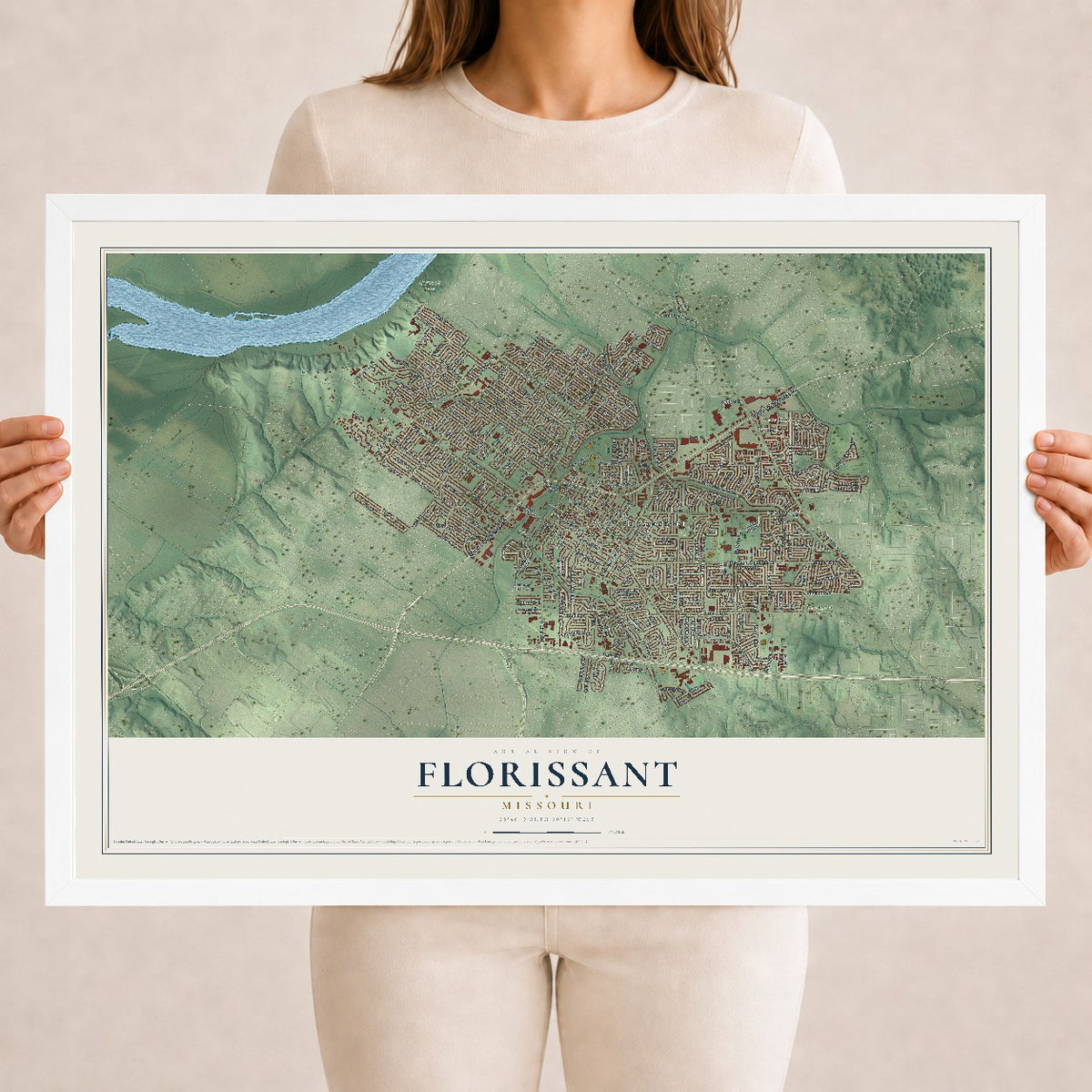 Map of Florissant, Missouri, 18 x 24 inch print in a white wood frame