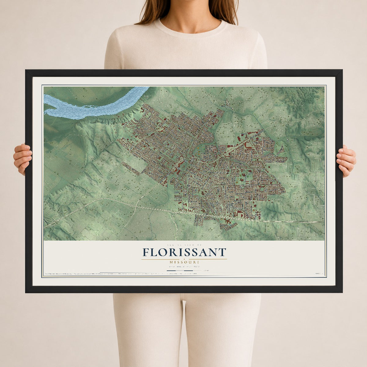 Map of Florissant, Missouri, 24 x 36 inch print in a black wood frame