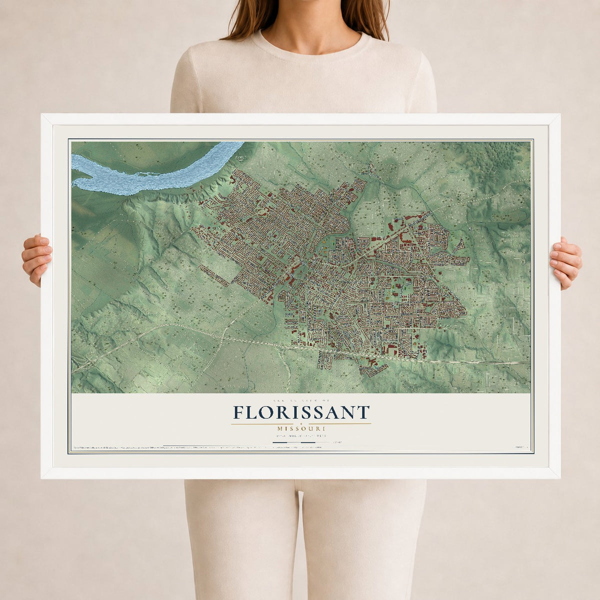 Map of Florissant, Missouri, 24 x 36 inch print in a white wood frame