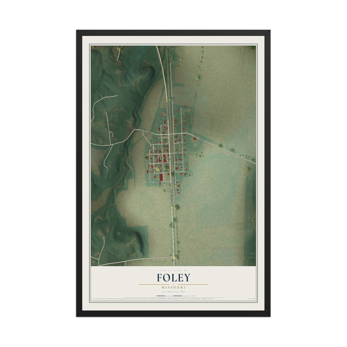 Map of Foley, Missouri, 12 x 18 inch print in a black wood frame