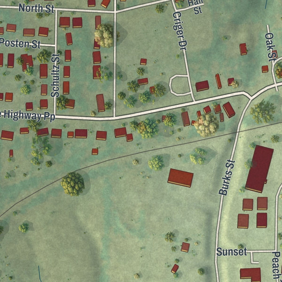 Second close-up of the map of Fordland, Missouri print showing more streets and buildings