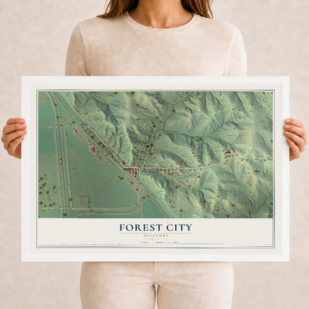 Map of Forest City, Missouri, 12 x 18 inch print in a white wood frame