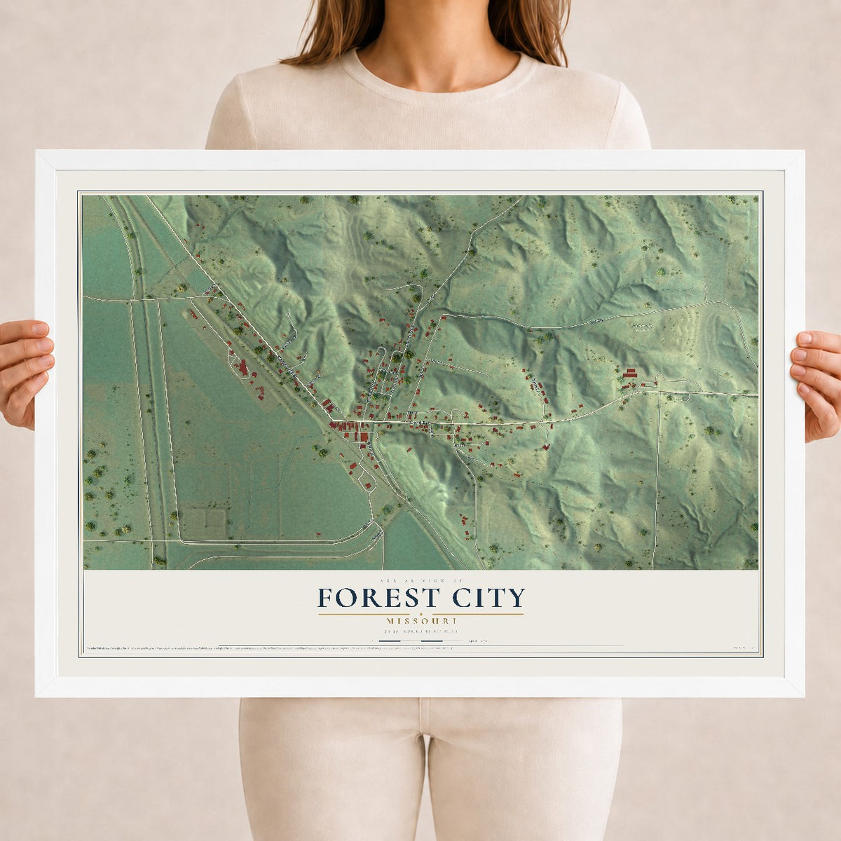 Map of Forest City, Missouri, 18 x 24 inch print in a white wood frame