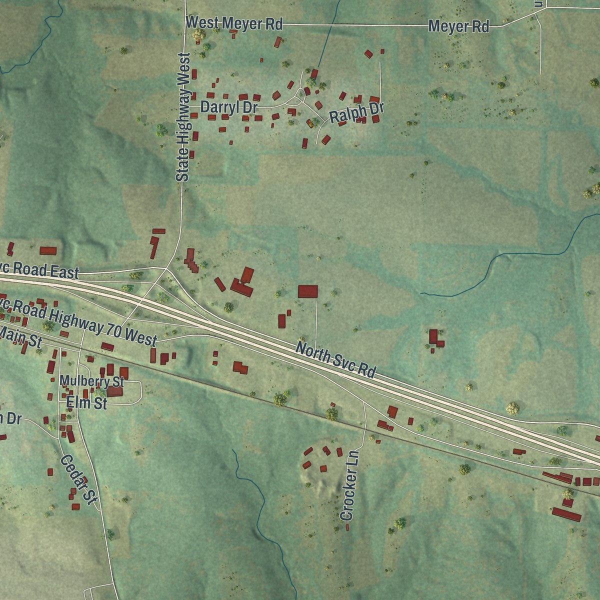 Close-up of the map of Foristell, Missouri print showing street and building detail