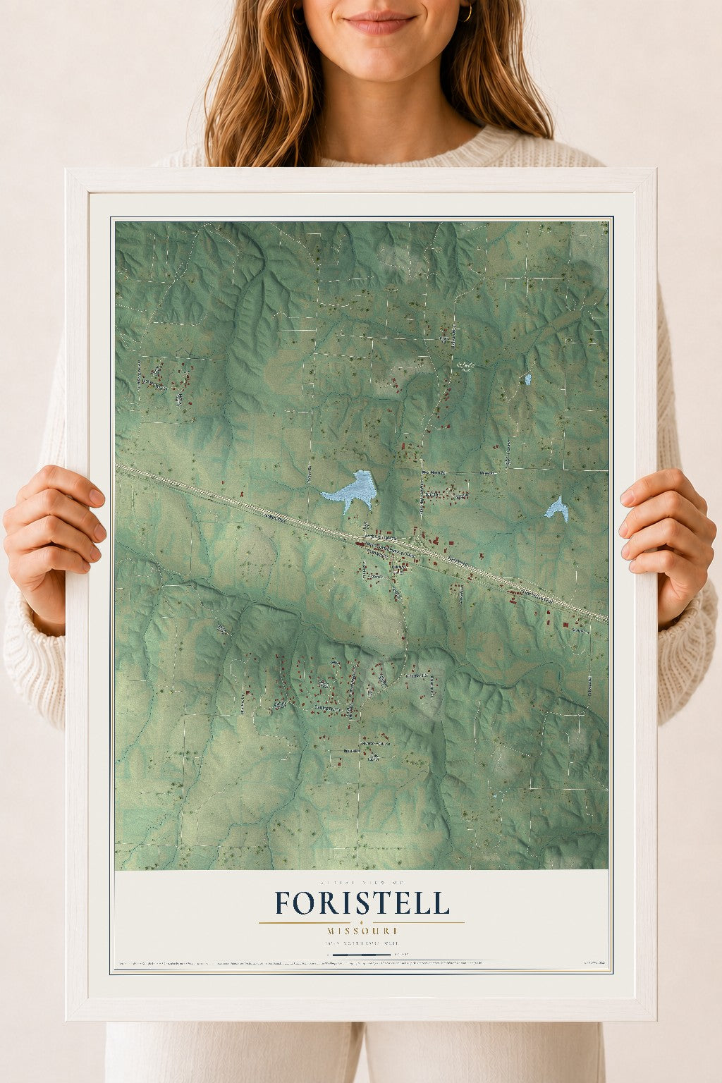 Map of Foristell, Missouri, 18 x 24 inch print in a white wood frame