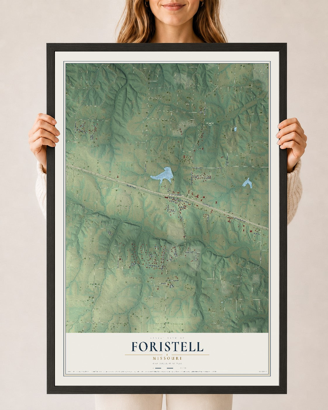 Map of Foristell, Missouri, 24 x 36 inch print in a black wood frame