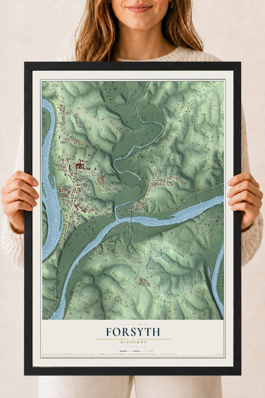 Map of Forsyth, Missouri, 18 x 24 inch print in a black wood frame