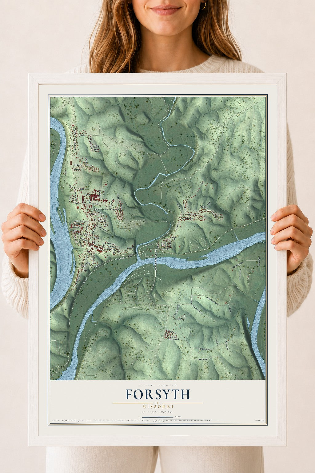Map of Forsyth, Missouri, 18 x 24 inch print in a white wood frame