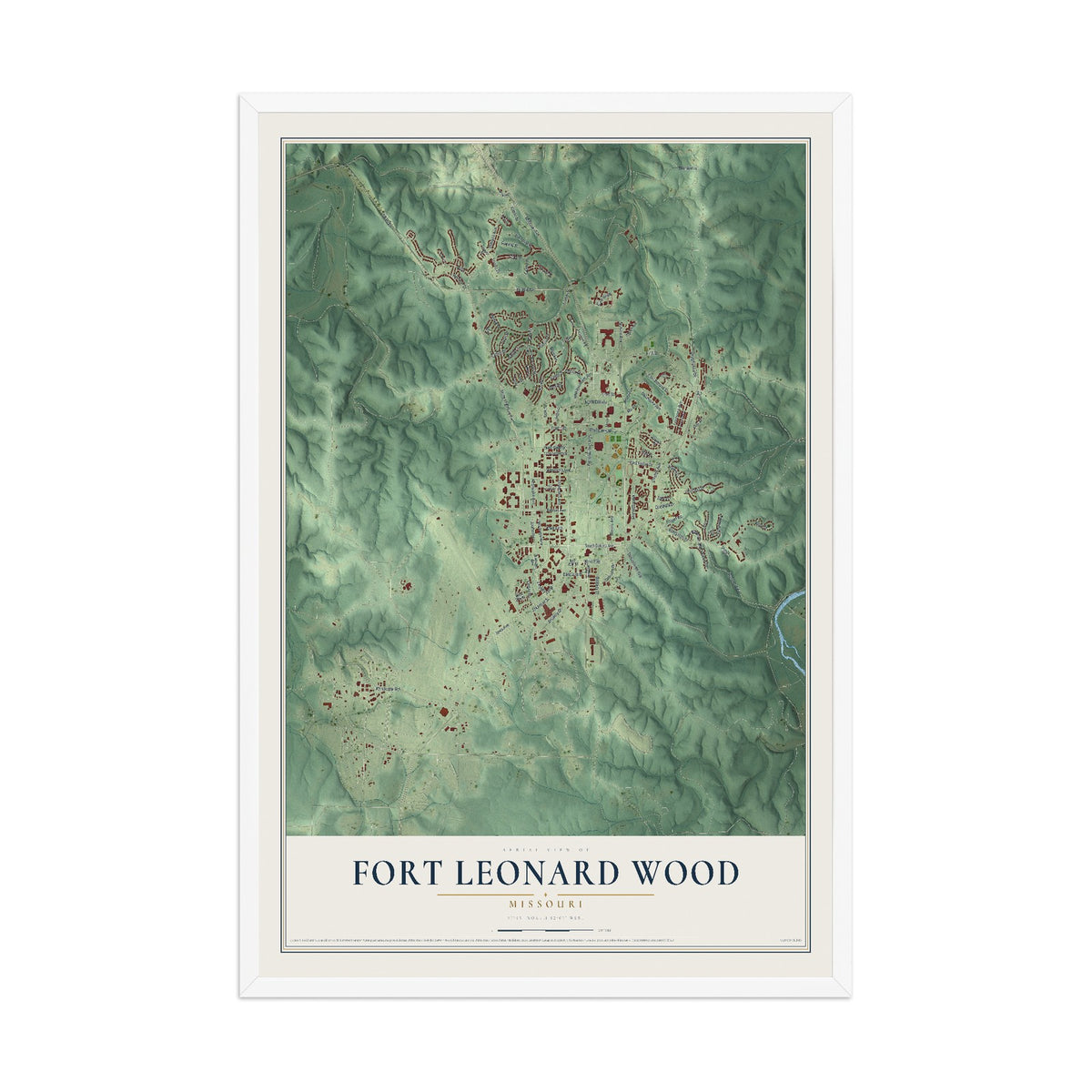 Map of Fort Leonard Wood, Missouri, 12 x 18 inch print in a white wood frame