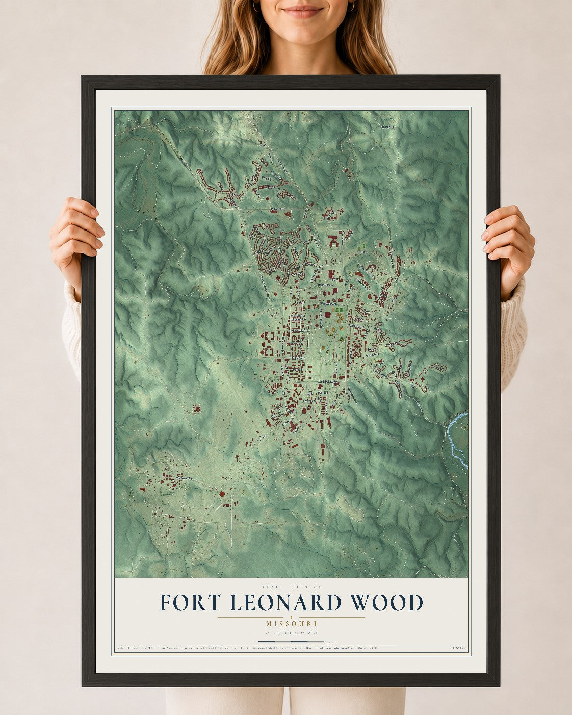 Map of Fort Leonard Wood, Missouri, 24 x 36 inch print in a black wood frame