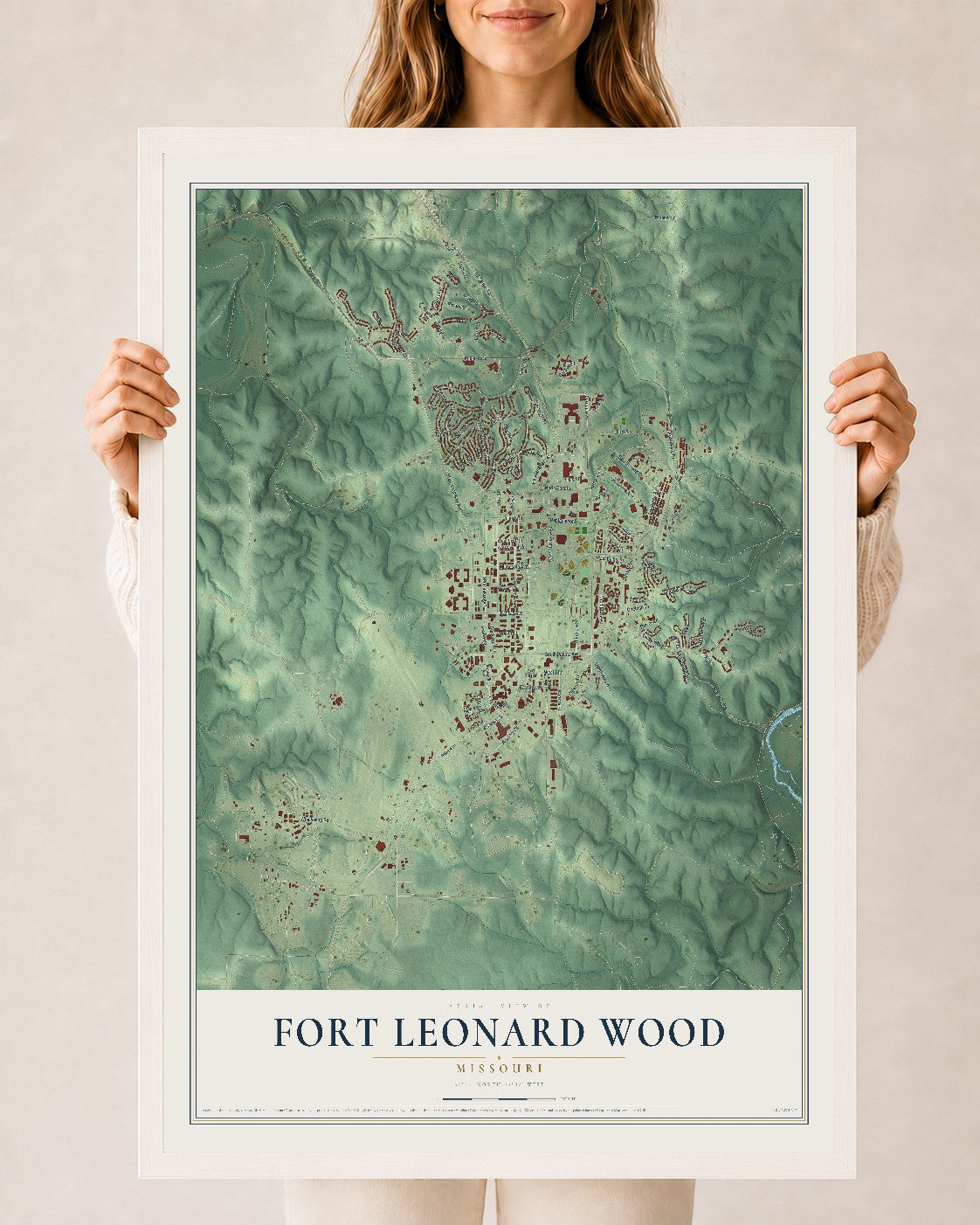 Map of Fort Leonard Wood, Missouri, 24 x 36 inch print in a white wood frame