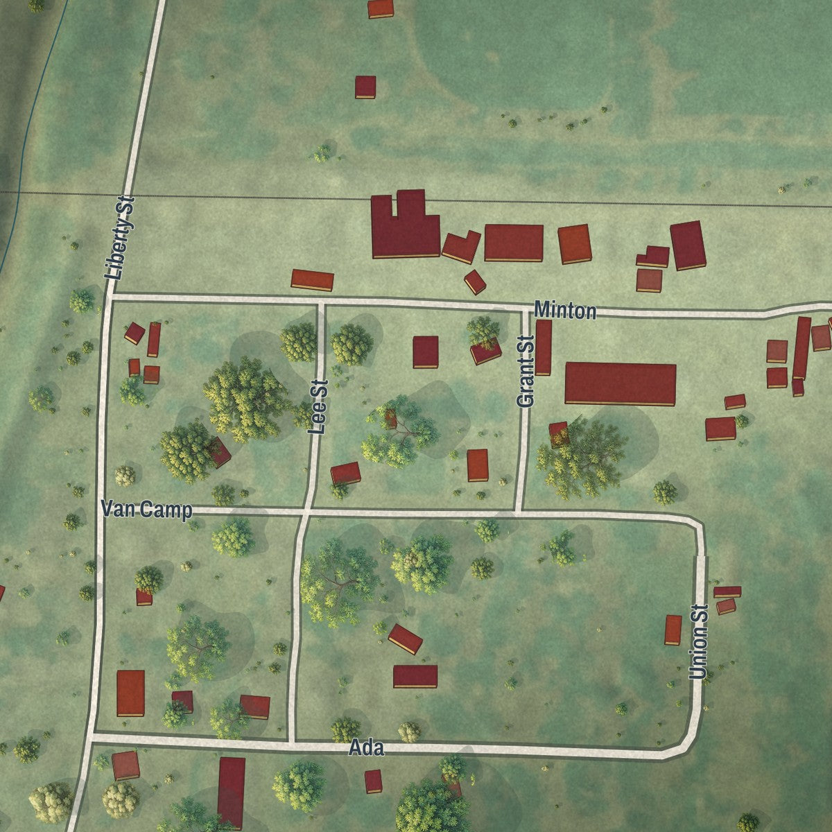 Close-up of the map of Fortescue, Missouri print showing street and building detail