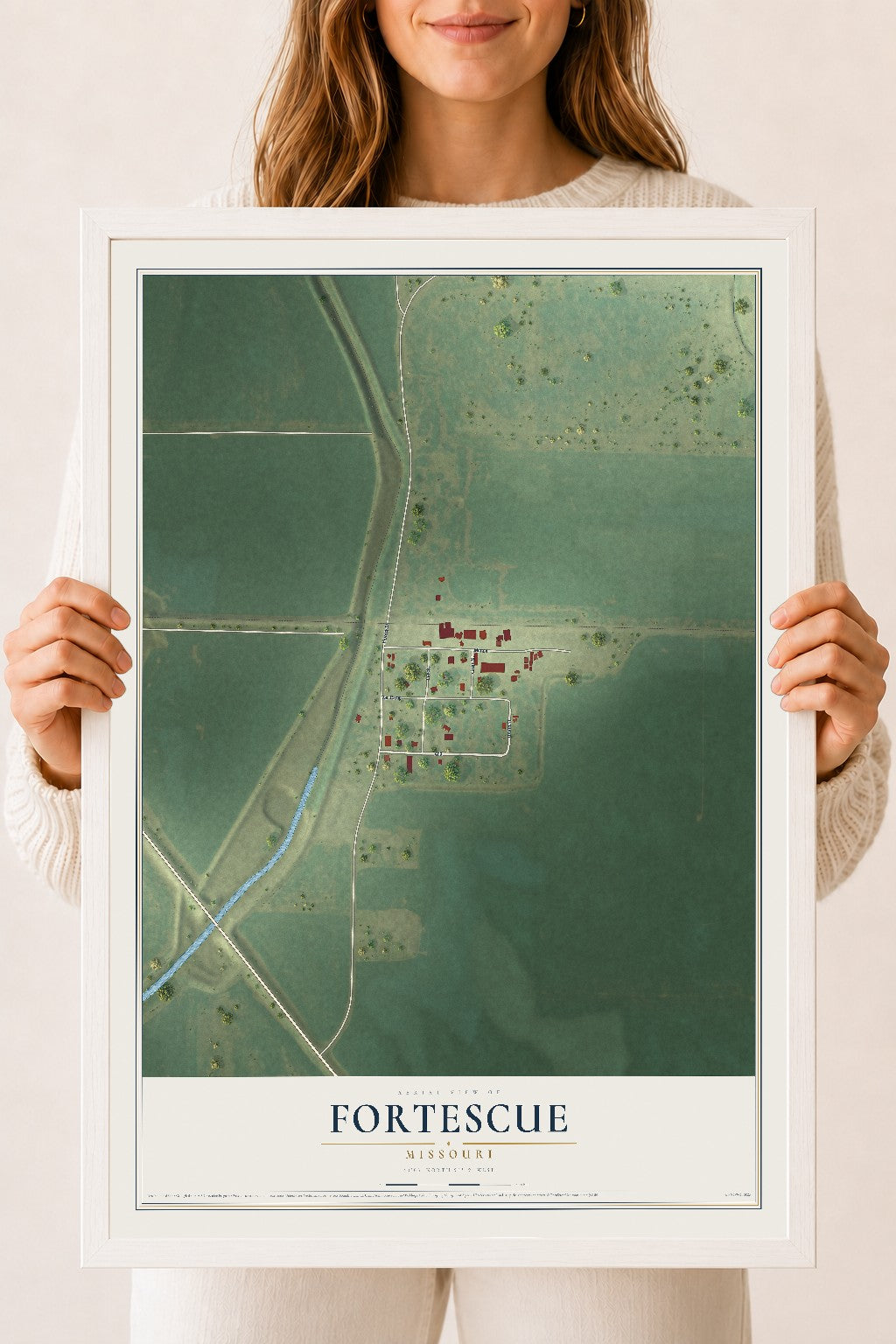 Map of Fortescue, Missouri, 18 x 24 inch print in a white wood frame