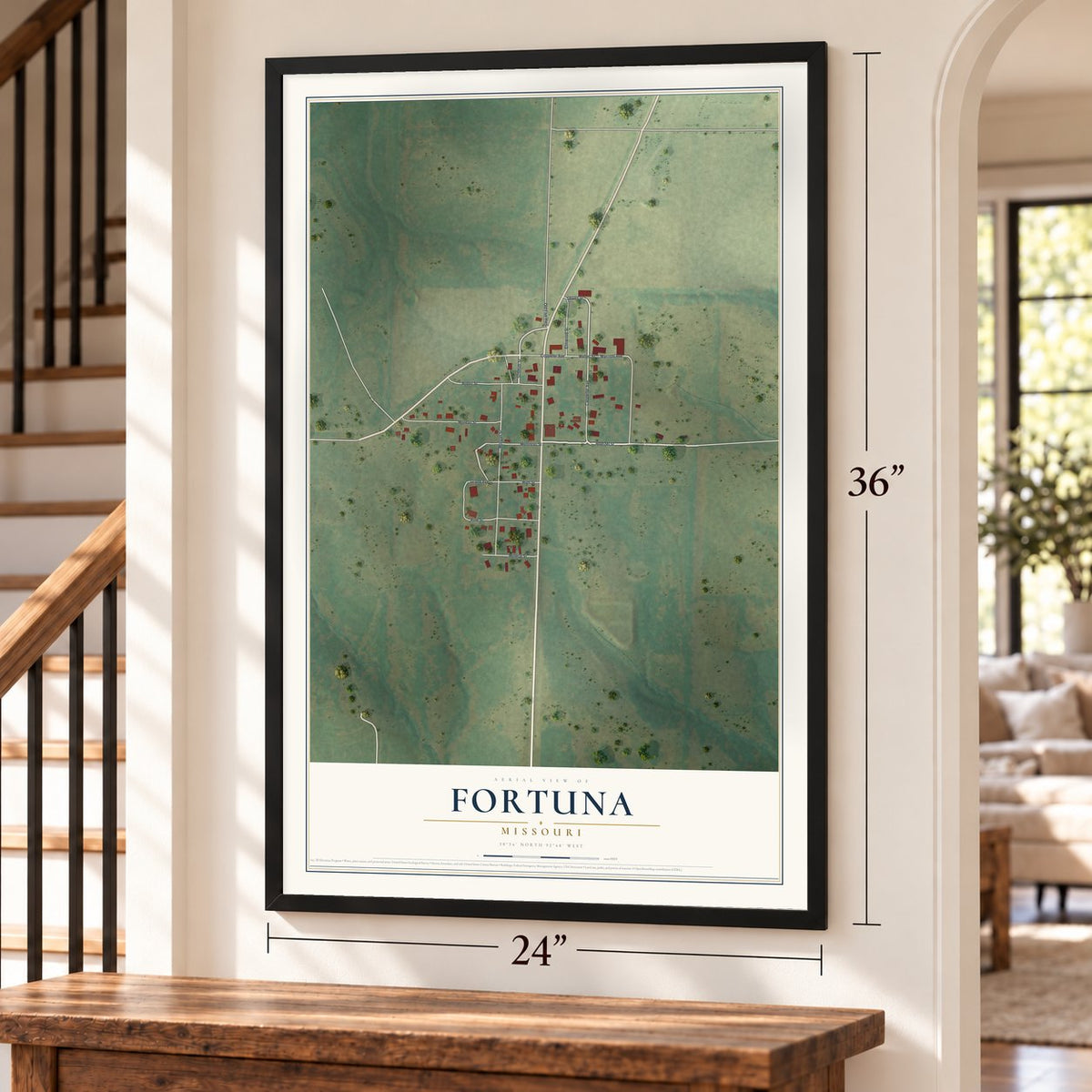 Fortuna, Missouri map, 24 x 36 inch print in a black frame by a staircase