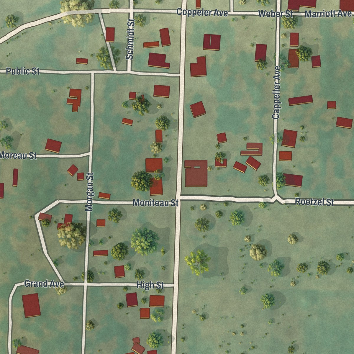 Close-up of the map of Fortuna, Missouri print showing street and building detail