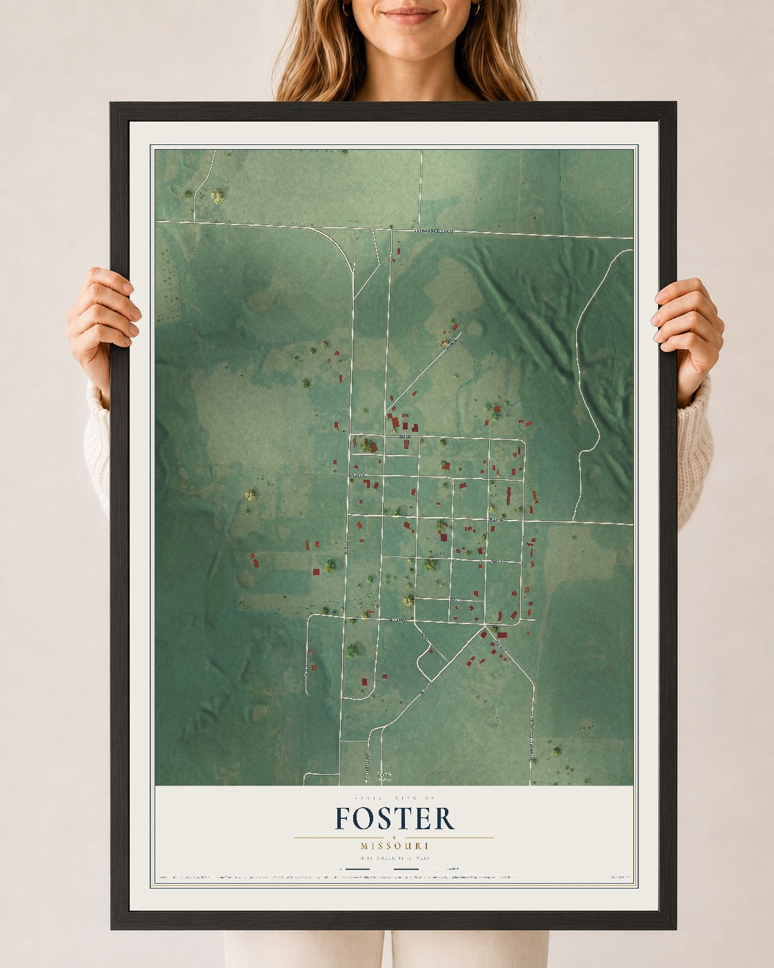 Map of Foster, Missouri, 24 x 36 inch print in a black wood frame
