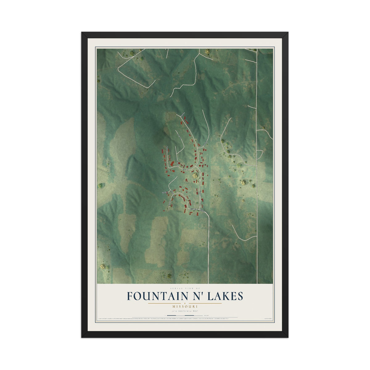 Map of Fountain N' Lakes, Missouri, 12 x 18 inch print in a black wood frame