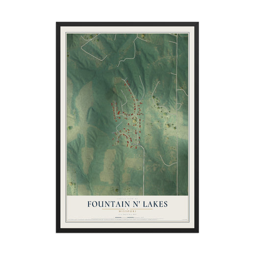 Map of Fountain N' Lakes, Missouri, 12 x 18 inch print in a black wood frame