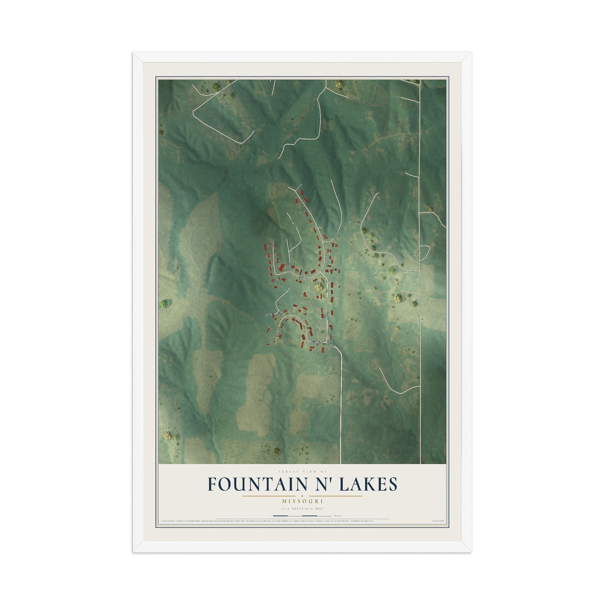 Map of Fountain N' Lakes, Missouri, 12 x 18 inch print in a white wood frame