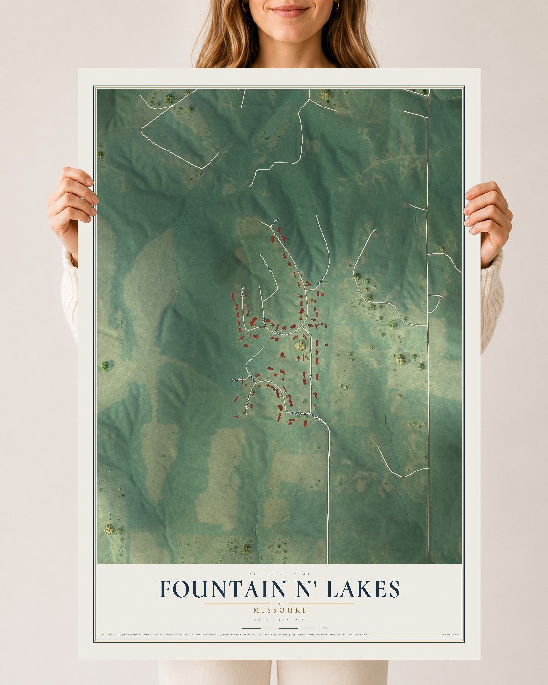 Map of Fountain N' Lakes, Missouri, 24 x 36 inch unframed archival matte print
